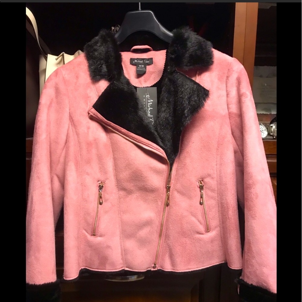 Women’s pink suede faux fur collar jacket